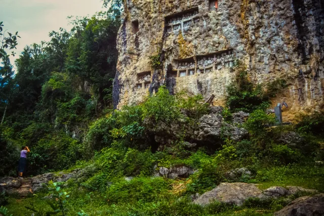 Grabwand mit Tau-Taus, Grabfiguren, im Hochland Tanah Toraja auf Sulawesi  