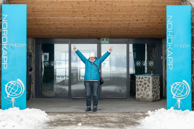 Karin at the station at the North Cape Hall